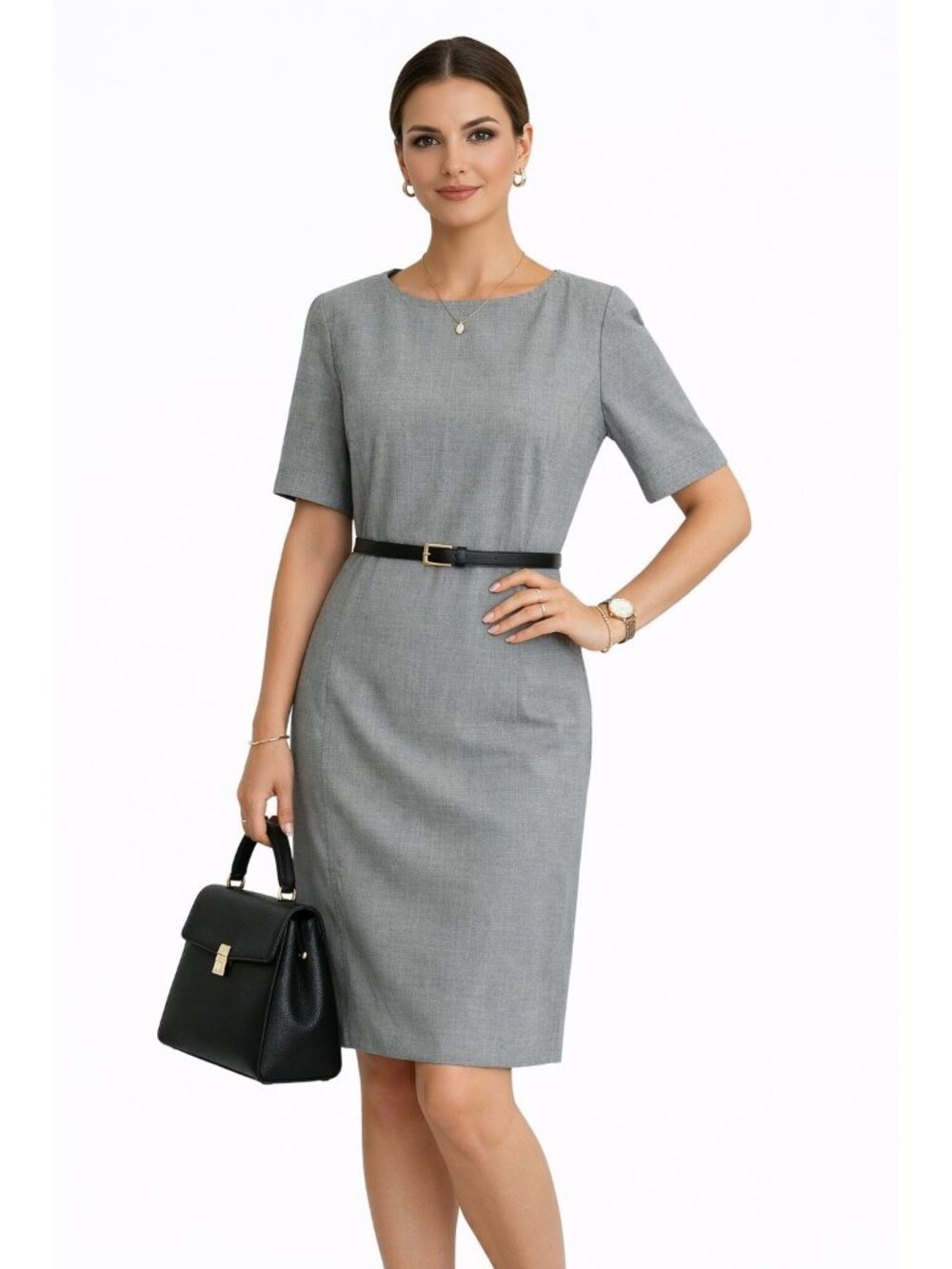 Lands End Gray Short Sleeve Sheath Modest Dress 12 Wool Blend Lined Minimalist